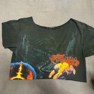 Black Graphic Crop Top Rework with Red and Orange Design